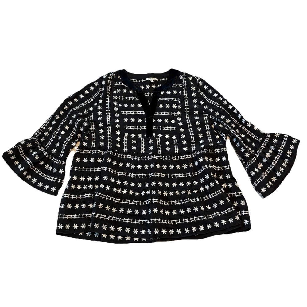 John Mark Embroidered Top Womens Size XL Black White Floral Boho Bell Sleeve